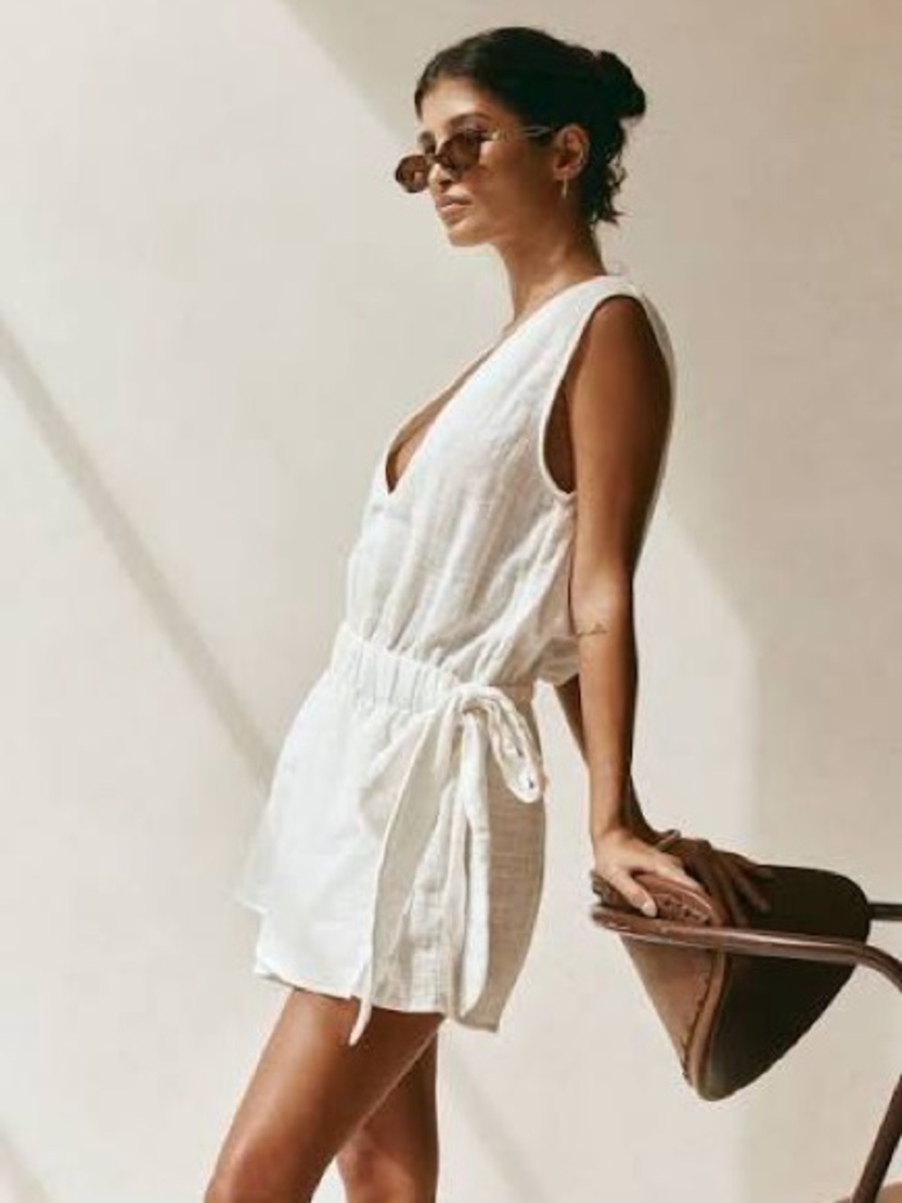 Sabo Skirt White Linen V-Neck Sleeveless Romper